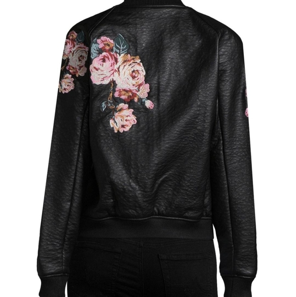 Joe's Collection Floral Embroidered Black Faux Leather Bomber Jacket - Picture 2 of 15